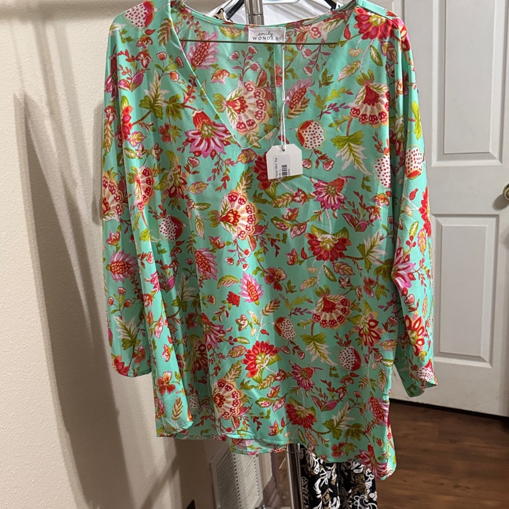 New emily wonder Women's Floral Blouse - Aqua and Red